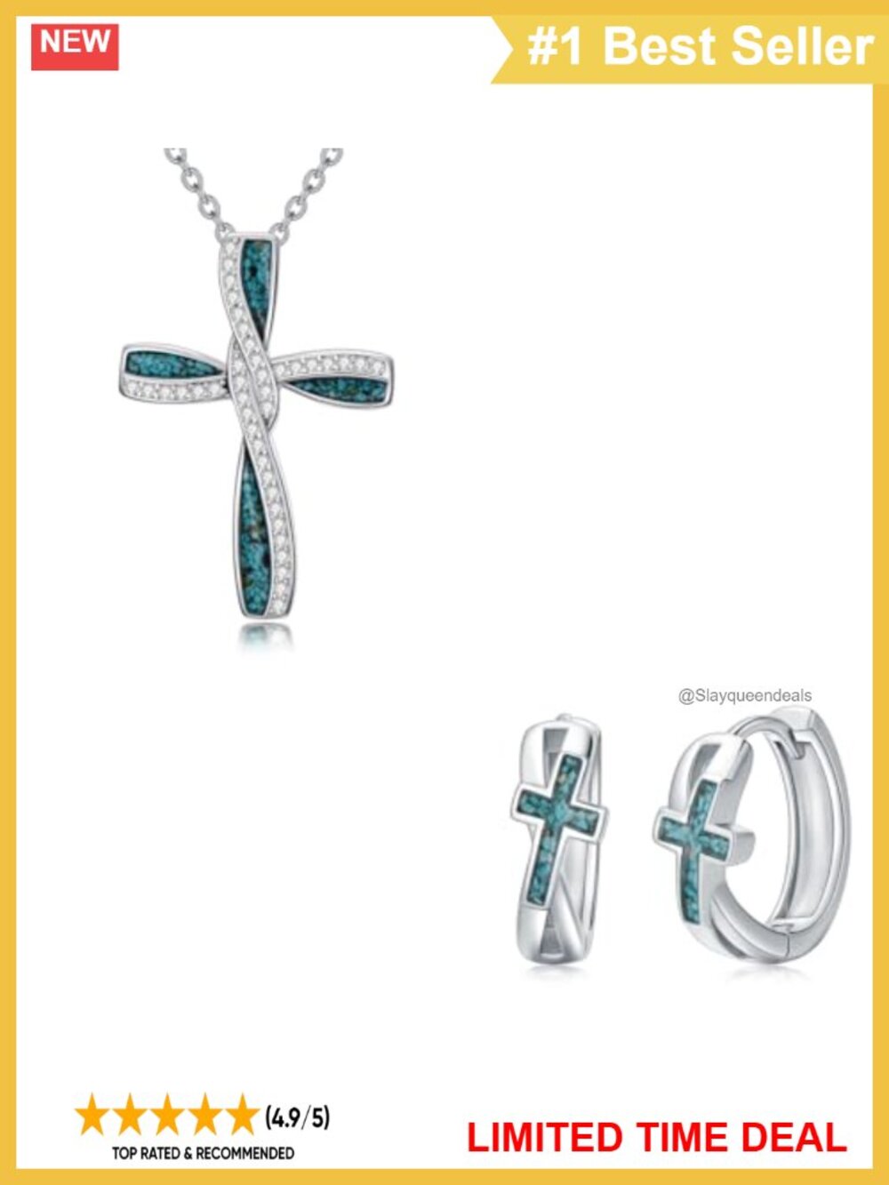 925 Sterling Silver Turquoise Cross Necklace Earrings Set Religious Christian